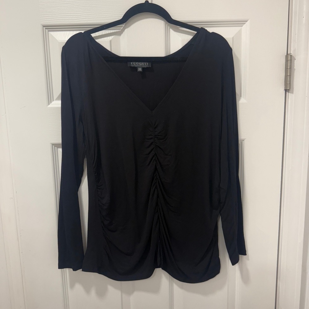 ELOQUII‎ Black Long Sleeve Gathered V Neck Top Plus Size 14 16